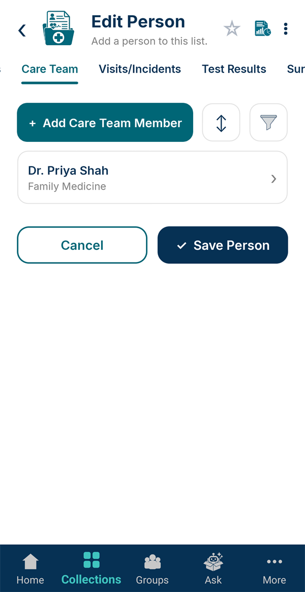 The Care Team tab with Dr. Priya Shah, Family Medicine