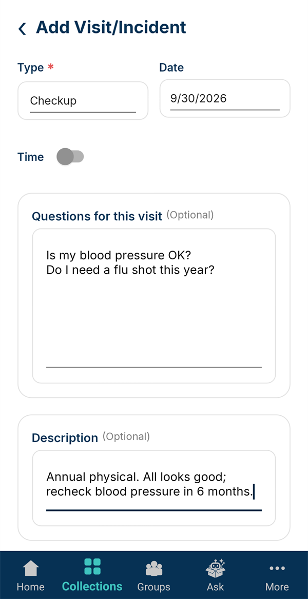 A checkup visit with two questions and a description