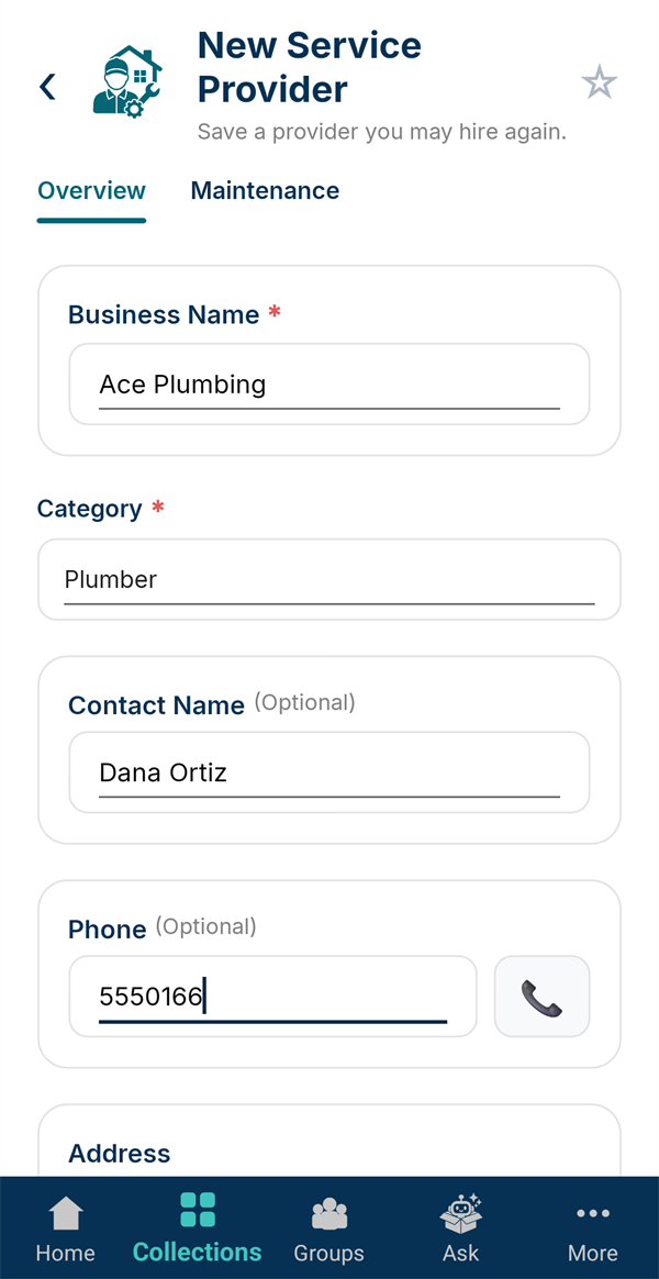 New service provider: Ace Plumbing, category Plumber, contact and phone