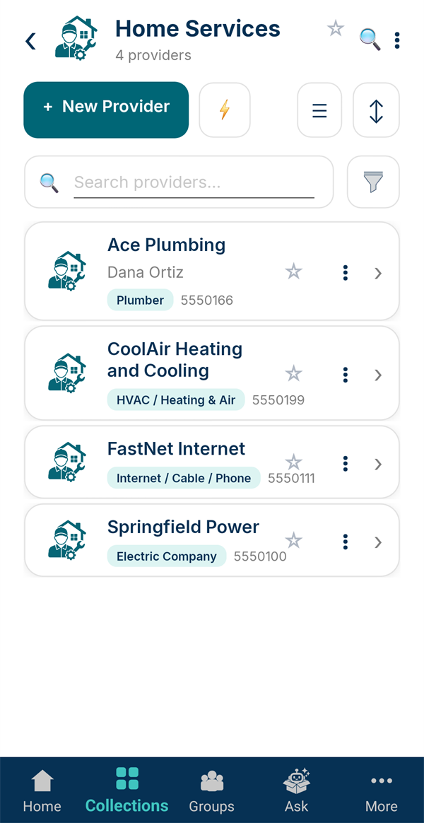 Four providers: a plumber, an HVAC company, an internet provider and an electric company