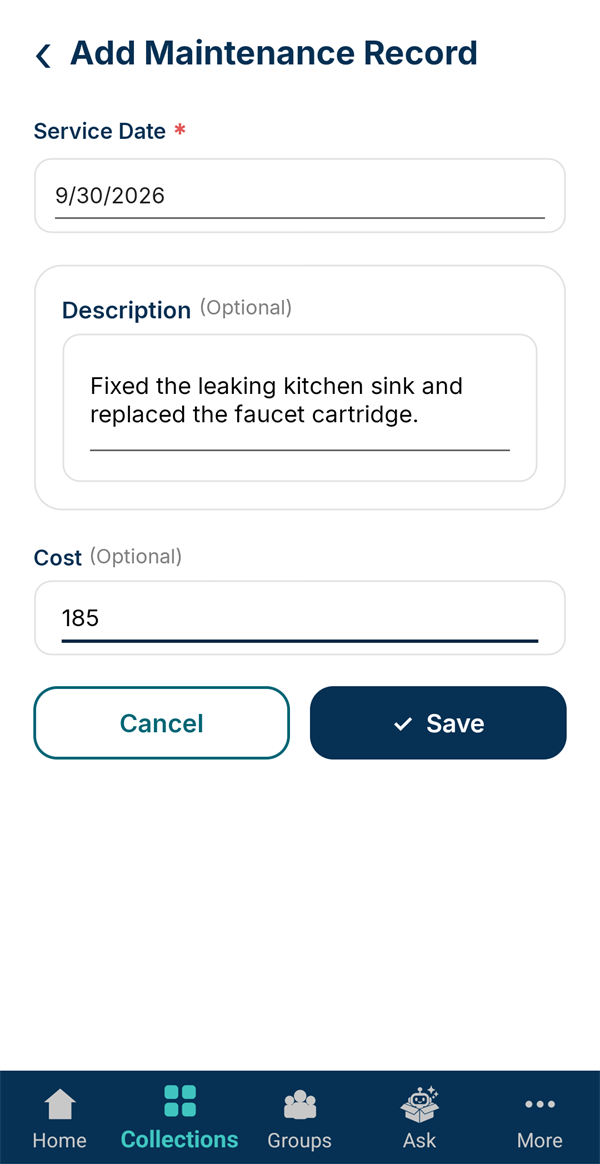 A maintenance record: fixed the leaking kitchen sink, $185