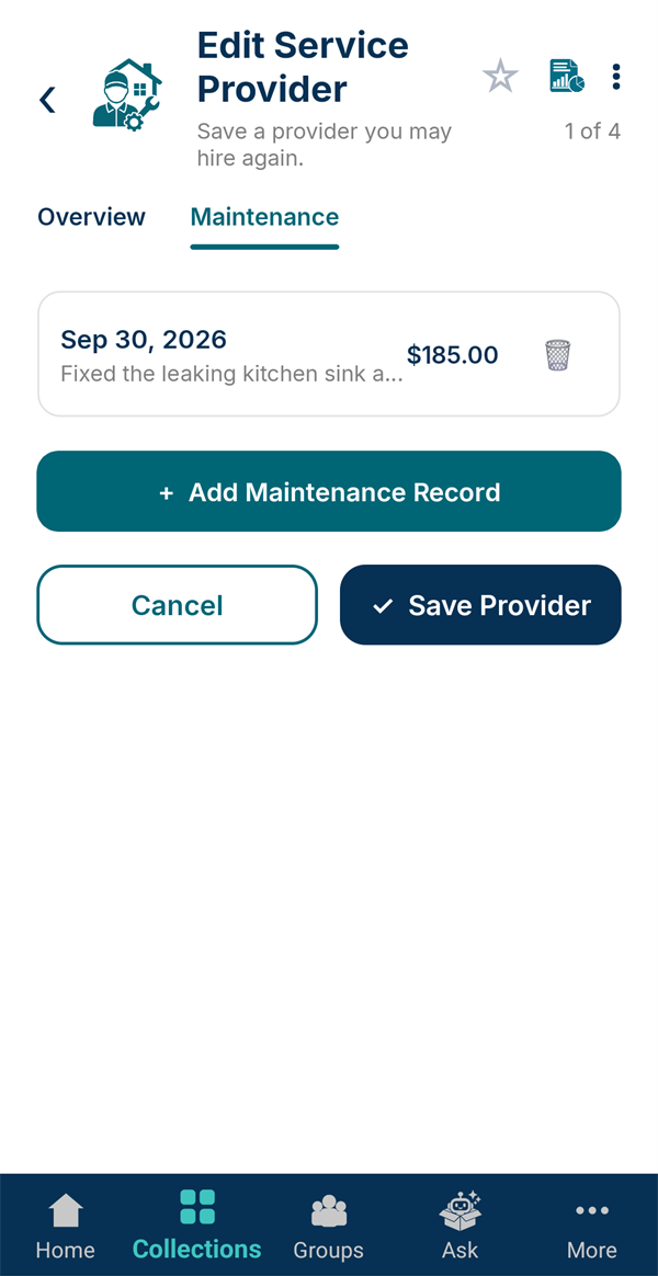 Ace Plumbing's maintenance tab with the logged visit