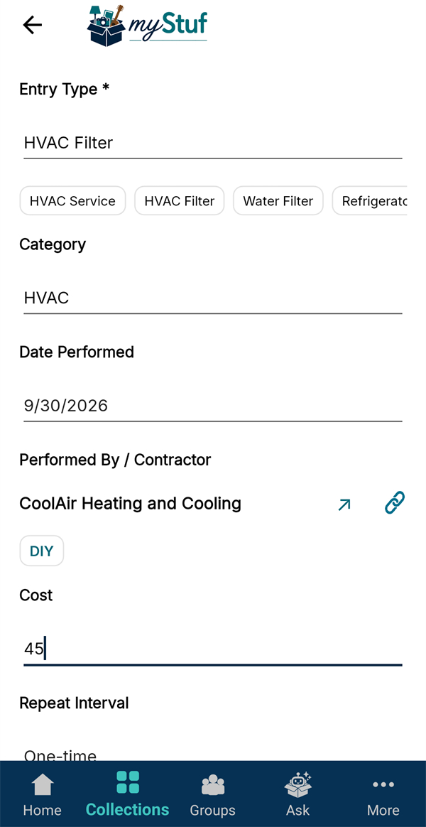 A home maintenance entry for an HVAC filter, performed by CoolAir Heating and Cooling