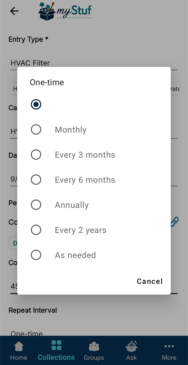 Repeat interval choices: monthly, every 3 months, every 6 months, annually and more