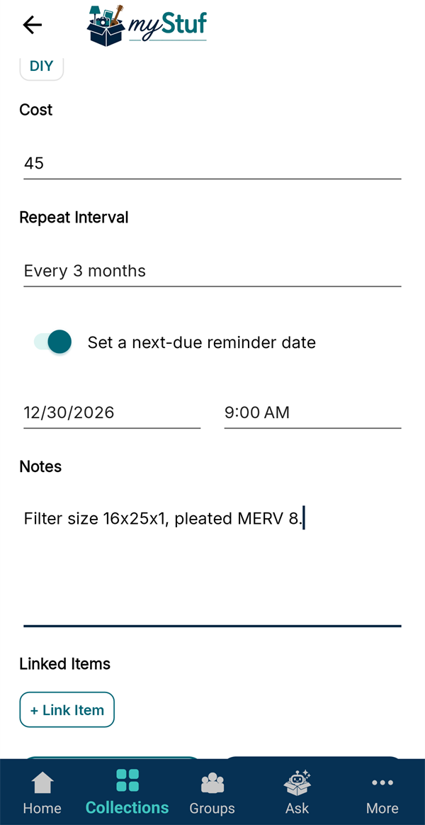 Every 3 months, with a next-due reminder on December 30 at 9:00 AM and the filter size in notes
