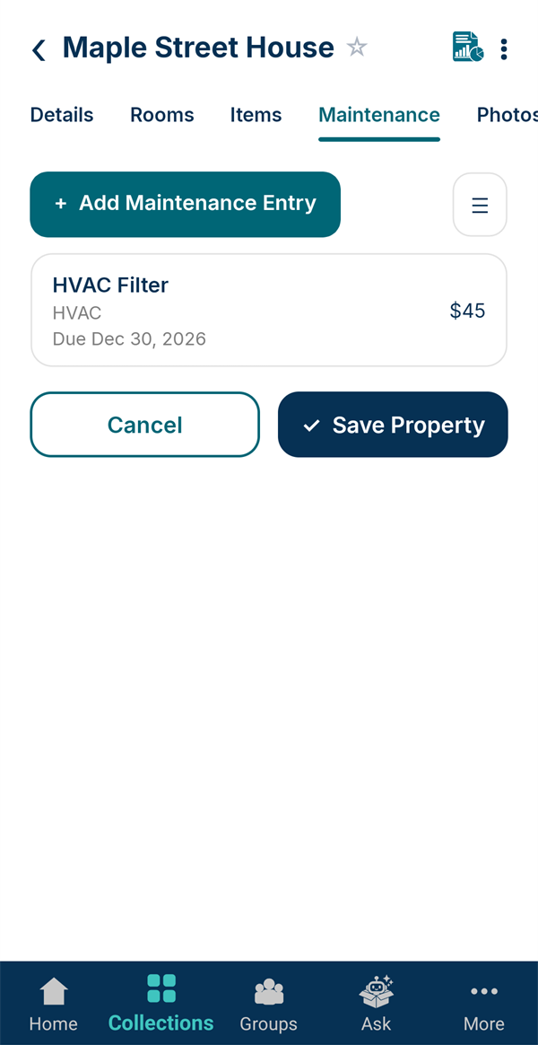 The Maintenance tab: HVAC Filter, due Dec 30, 2026