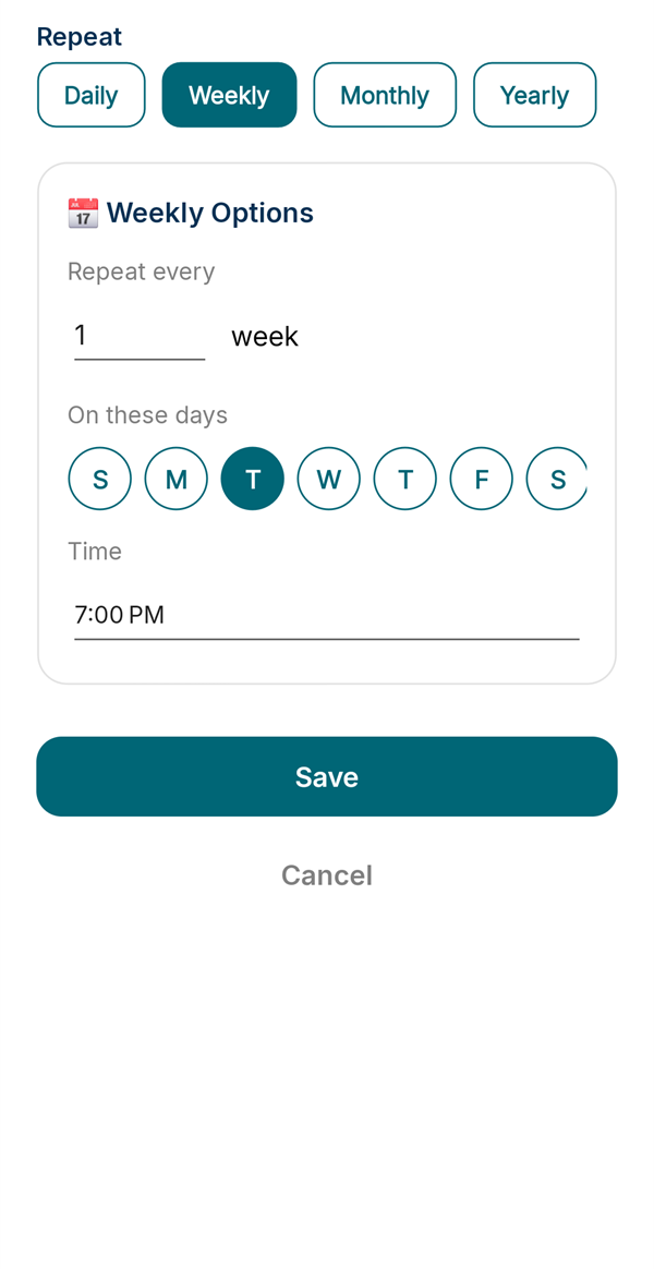 Weekly repeat options with Tuesday selected at 7:00 PM