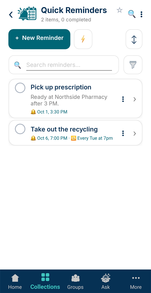 Quick Reminders showing Take out the recycling, next Oct 6 at 7 PM, every Tuesday