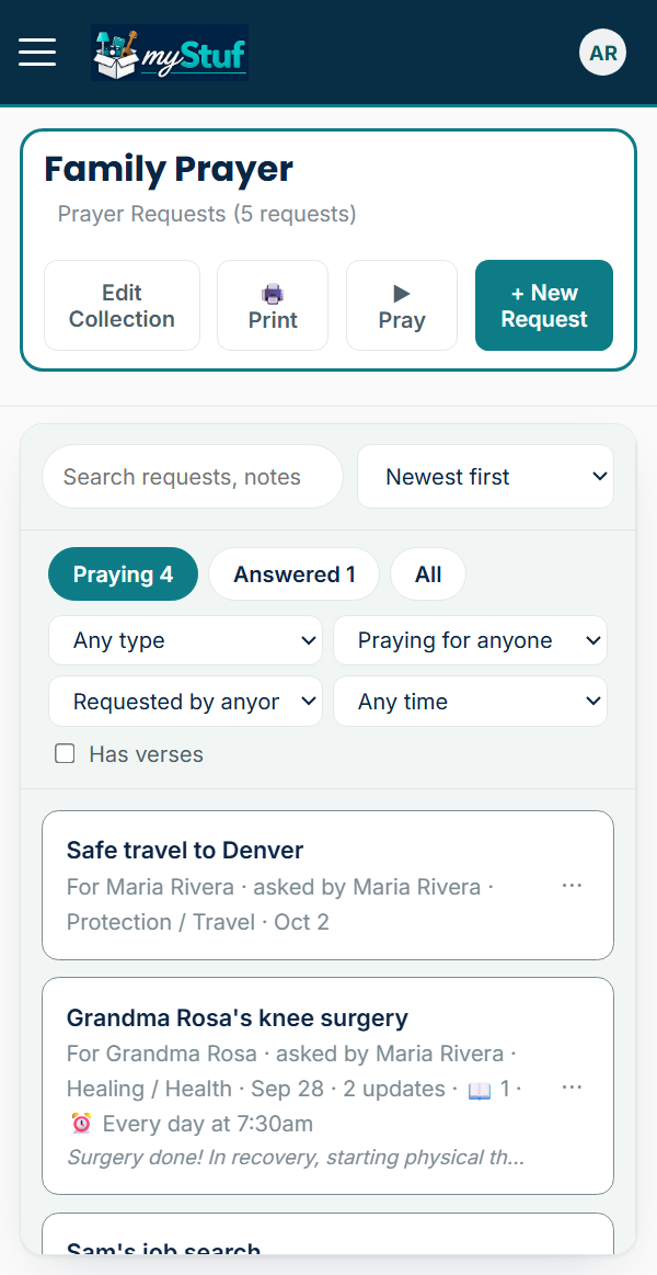 The Family Prayer list on the Praying tab, with four open requests, filters, and a daily reminder on Grandma Rosa's knee surgery