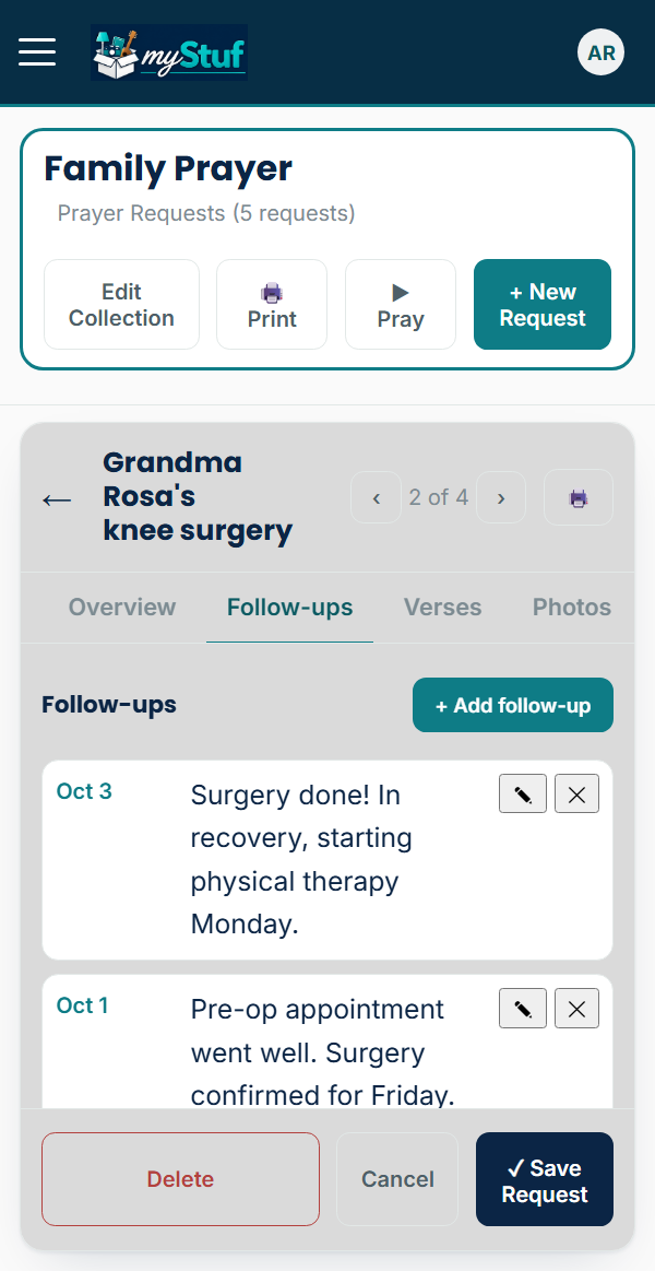 Two dated follow-ups: Surgery done, in recovery; and pre-op appointment went well