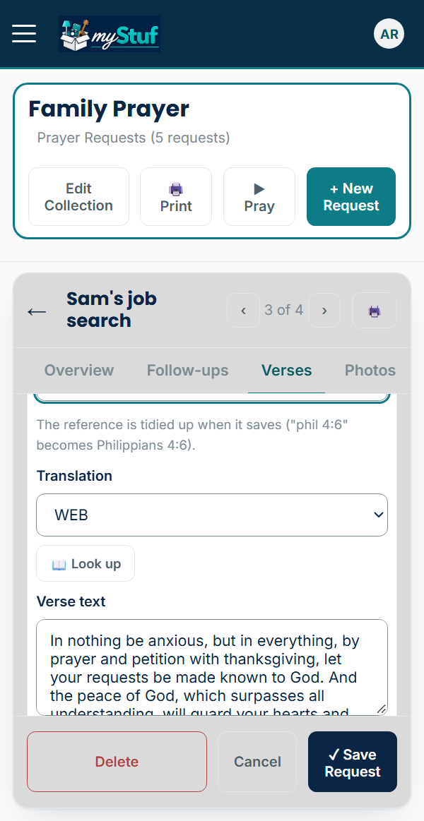 Adding Philippians 4:6-7 in the WEB, with the verse text filled in by Look up
