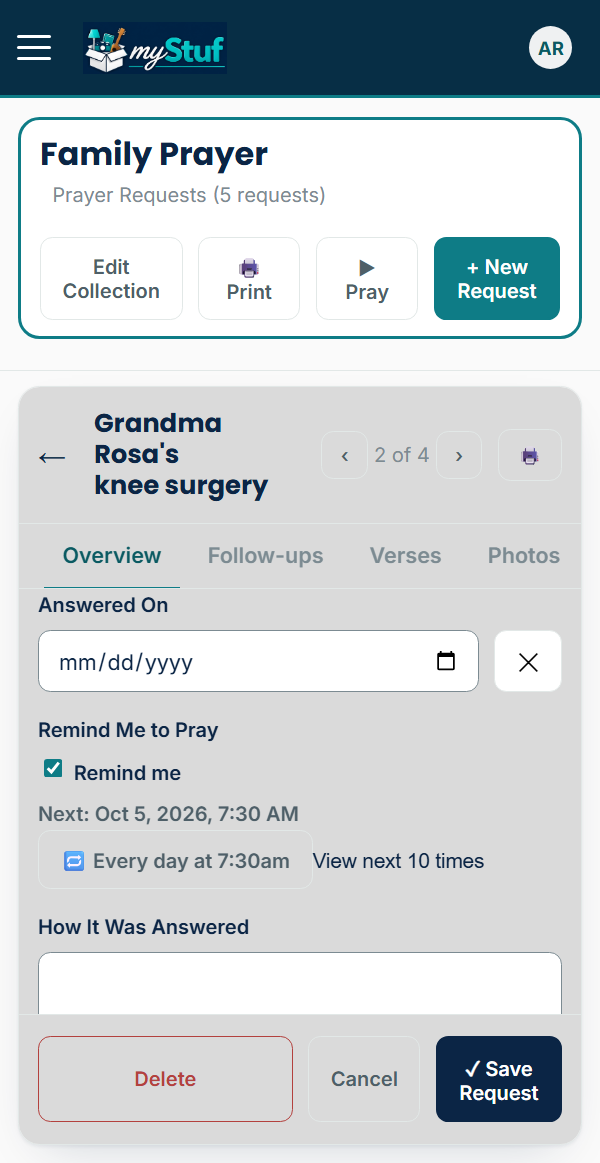 Remind Me to Pray turned on: next Oct 5 at 7:30 AM, every day at 7:30am