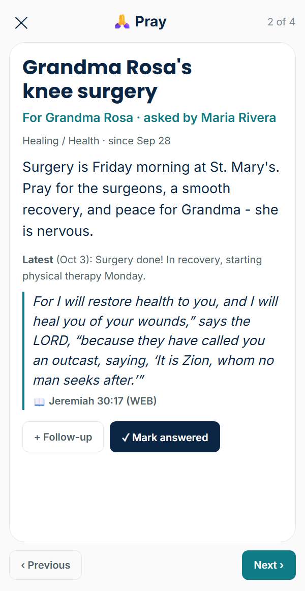 Pray mode showing Grandma Rosa's knee surgery with the latest update and Jeremiah 30:17
