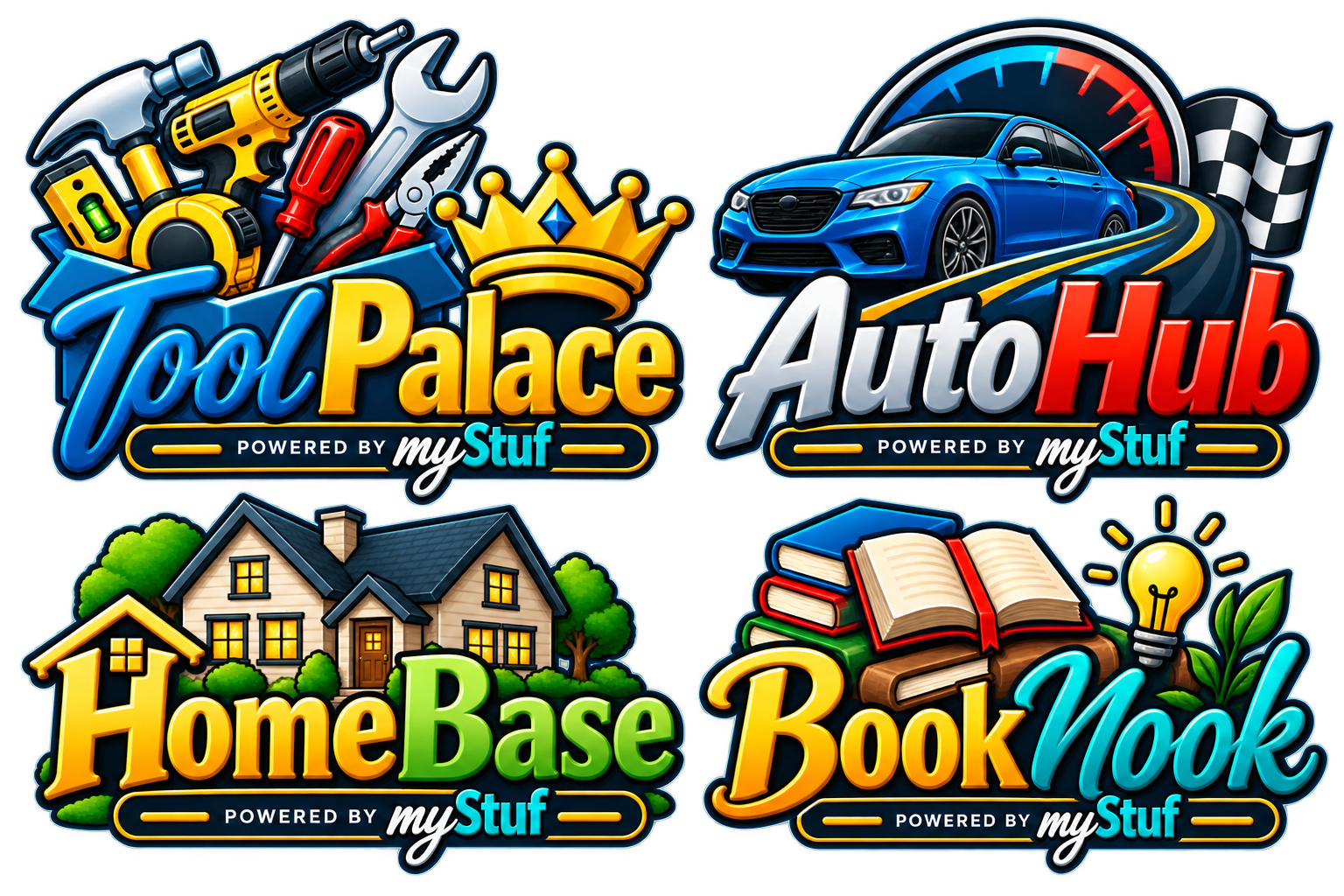Four example custom app brands built on myStuf: Tool Palace, AutoHub, HomeBase, and Book Nook, each shown as "Powered by myStuf"